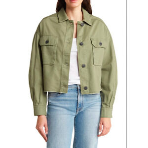 RACHEL Rachel Roy Raw Hem Utility Denim Jacket In Fresh Olive, size L